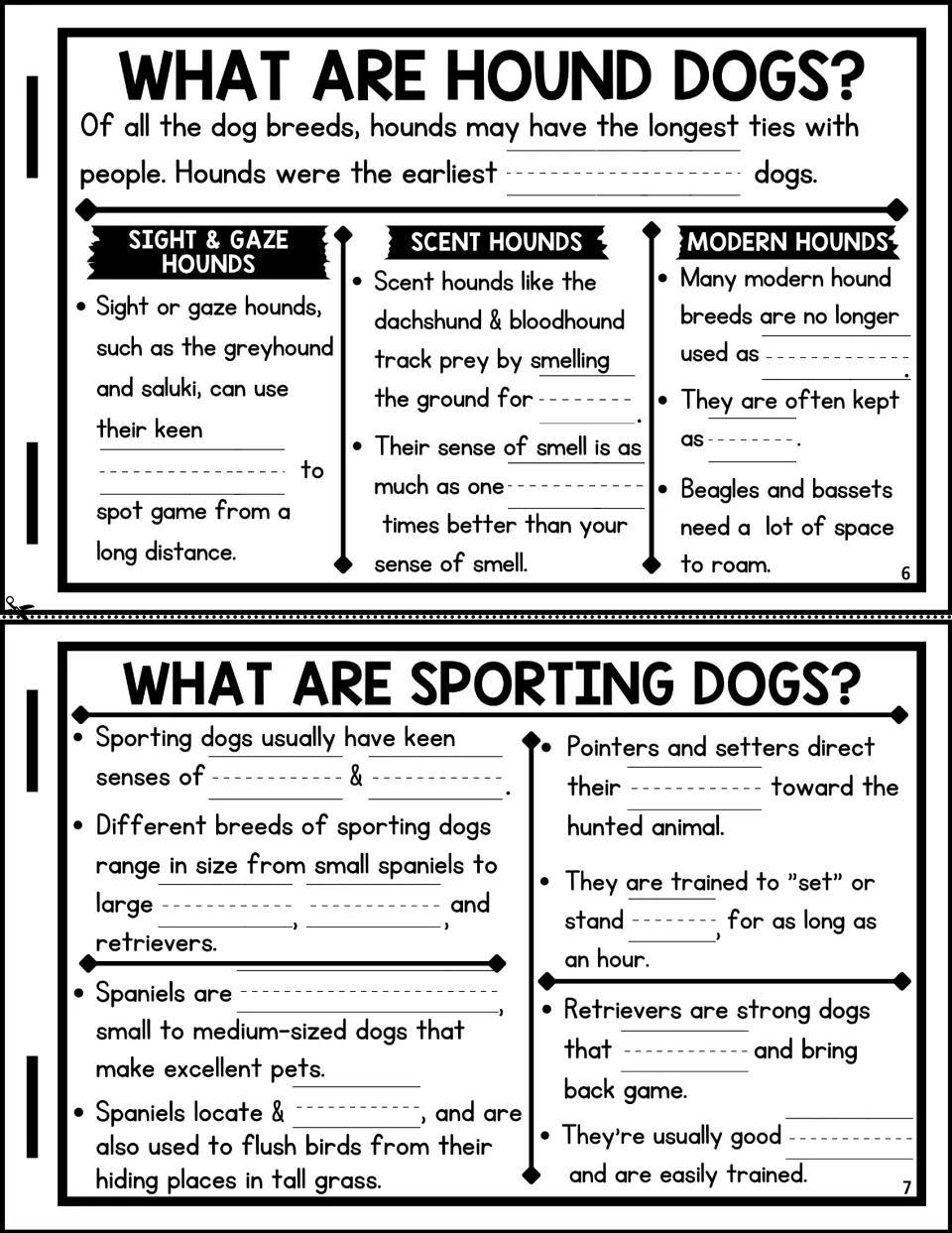 Flipbook pages 6 and 7: students fill in facts on sight, scent and modern hounds, then spaniels, pointers and retrievers