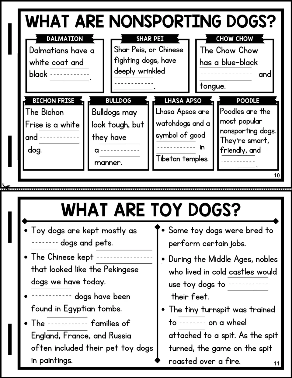 Flipbook pages 10 and 11: students fill in traits of nonsporting breeds like poodle and bulldog, then facts on toy dogs