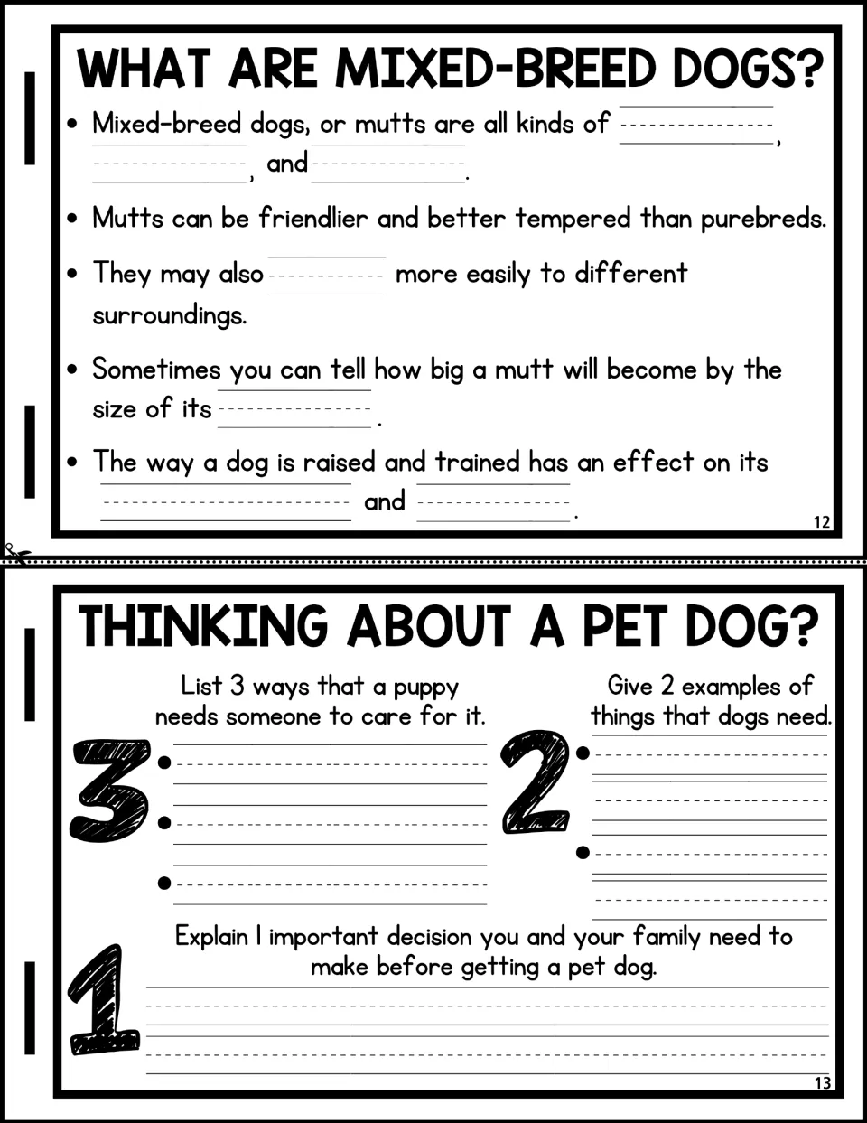 Flipbook pages 12 and 13: students fill in facts about mutts, then use 3-2-1 prompts on caring for a pet dog