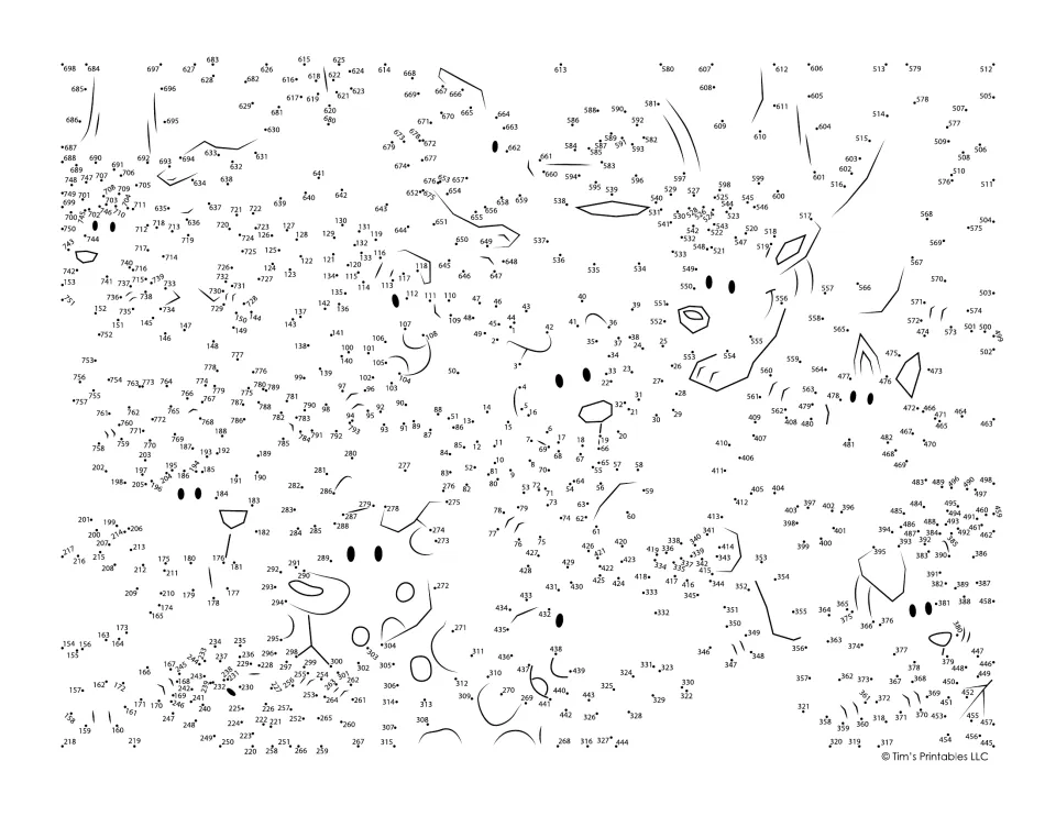 Dog dot-to-dot with nearly 800 numbered dots: students connect them in counting order to reveal a crowd of dogs