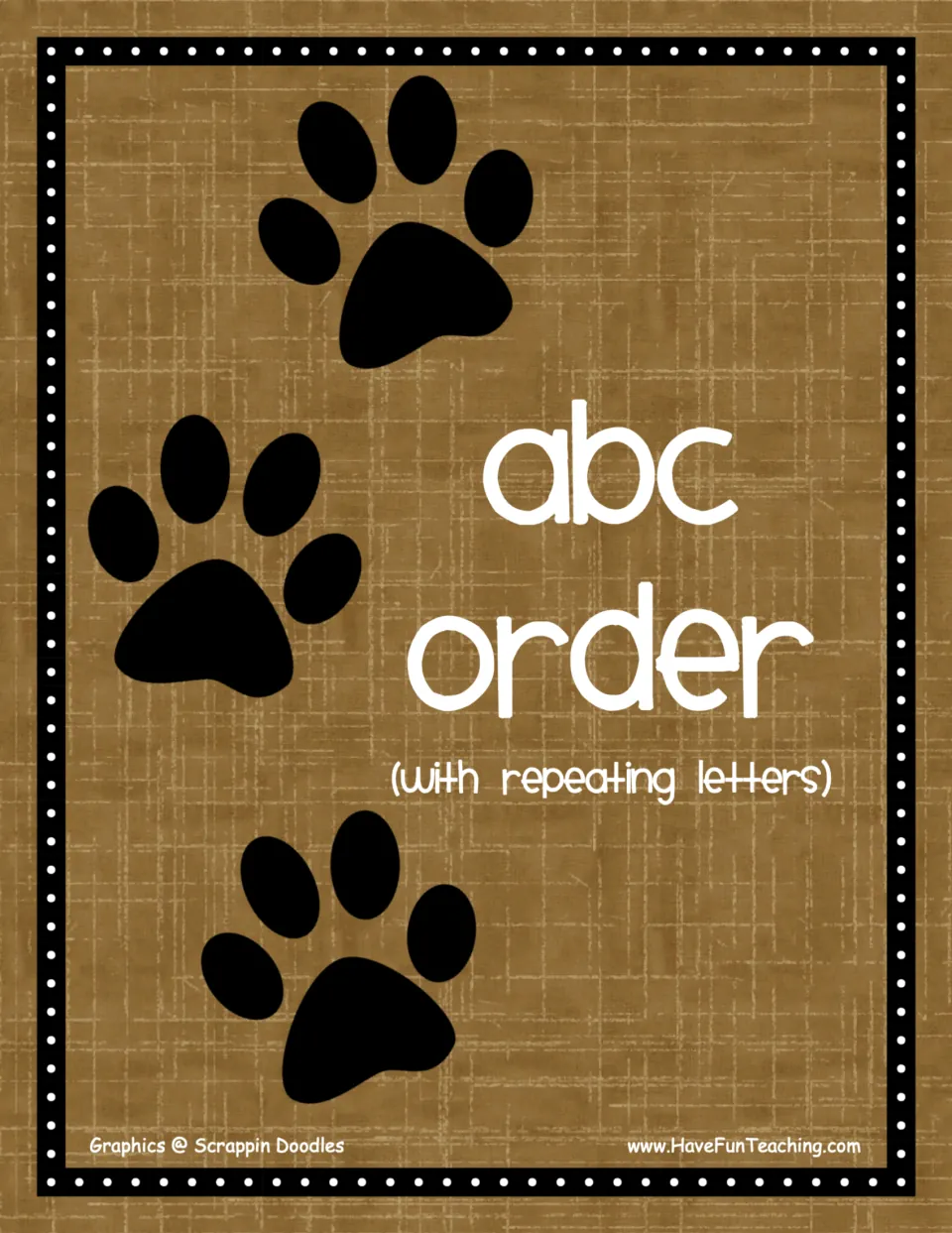 ABC order (with repeating letters) cover showing three black dog paw prints on a brown textured background