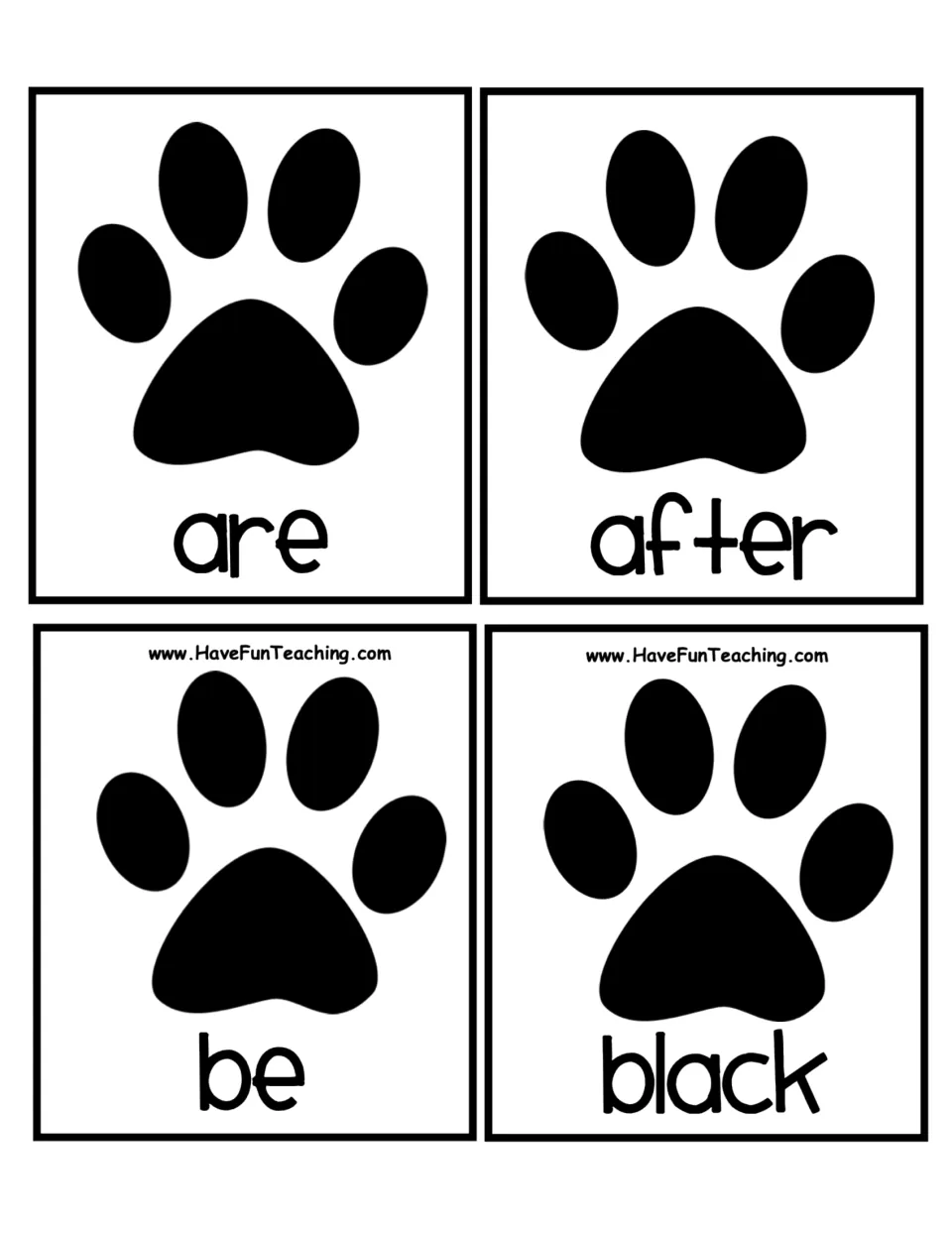 Paw print ABC order cards: students alphabetize are, after, be and black, comparing second letters in matching words