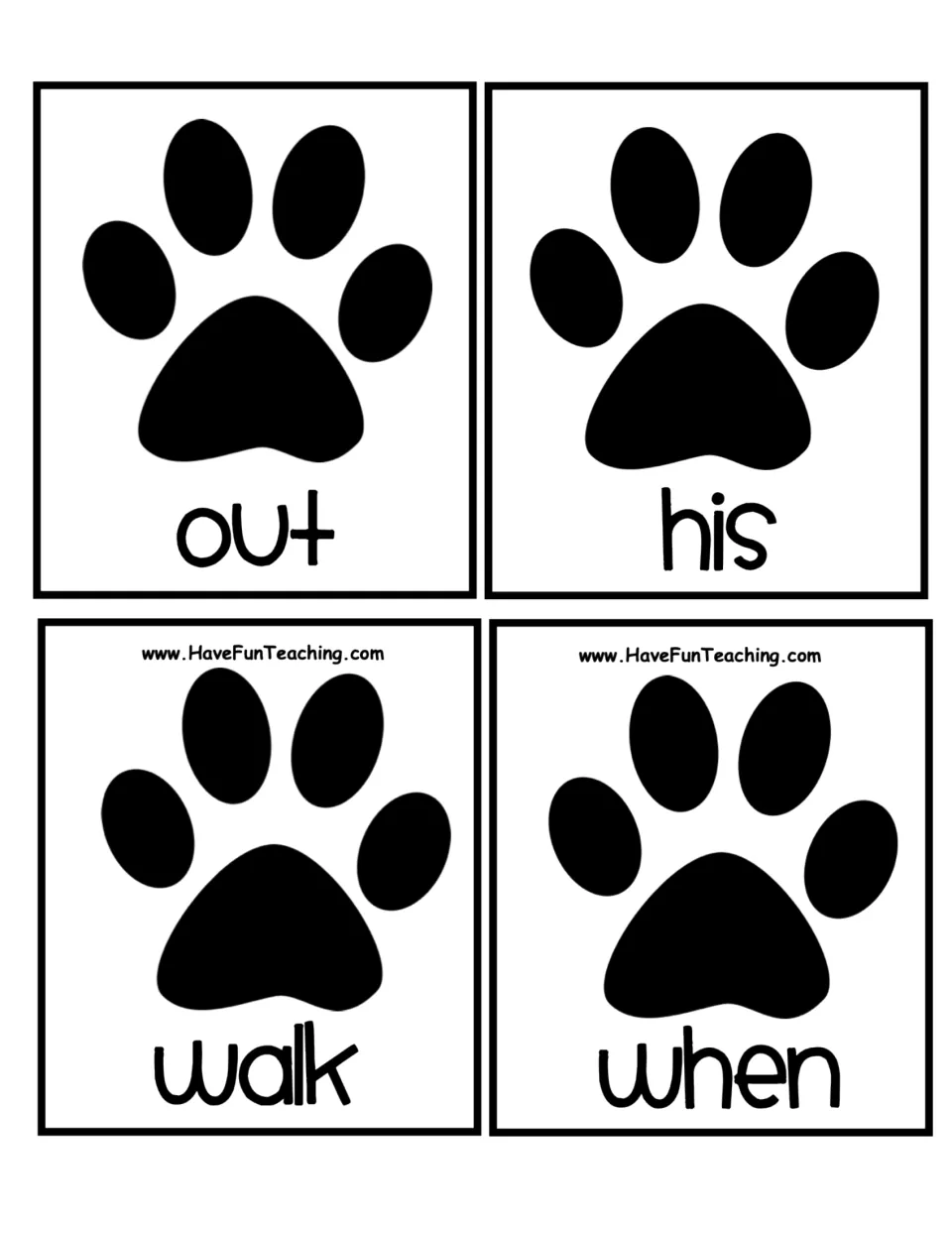 Paw print word cards for alphabetizing: out, his, walk and when, including two w-words sorted by their second letter