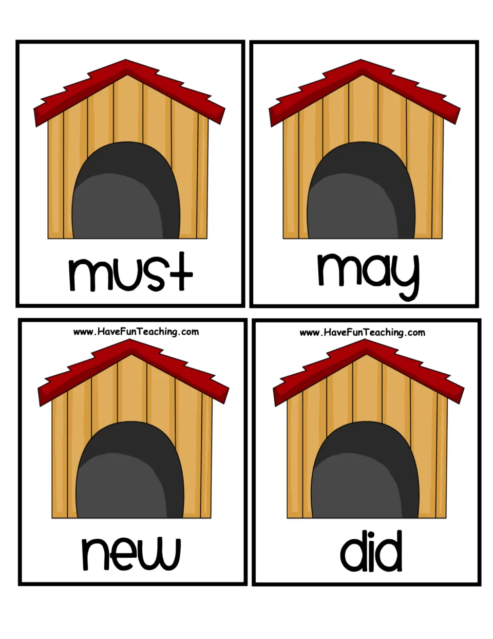 Doghouse word cards for ABC order: must, may, new and did, where must and may share the letter m and need a closer look