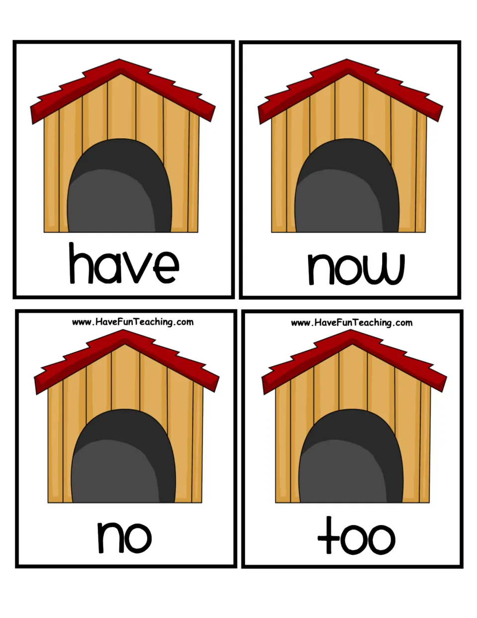 Doghouse ABC order cards: have, now, no and too, with now and no needing a look past the first letter to order them