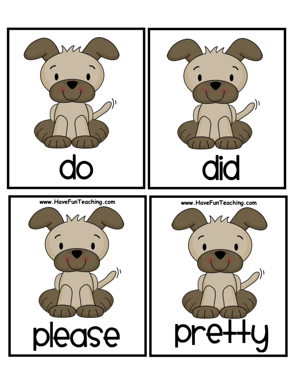 Puppy word cards for alphabetizing: do, did, please and pretty, two pairs of words that share their first letters