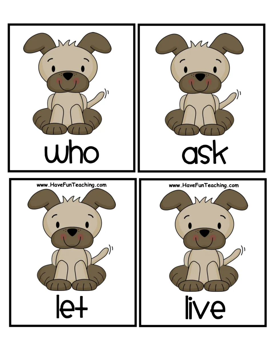 Puppy ABC order cards: who, ask, let and live, where let and live are ordered by comparing their second letters