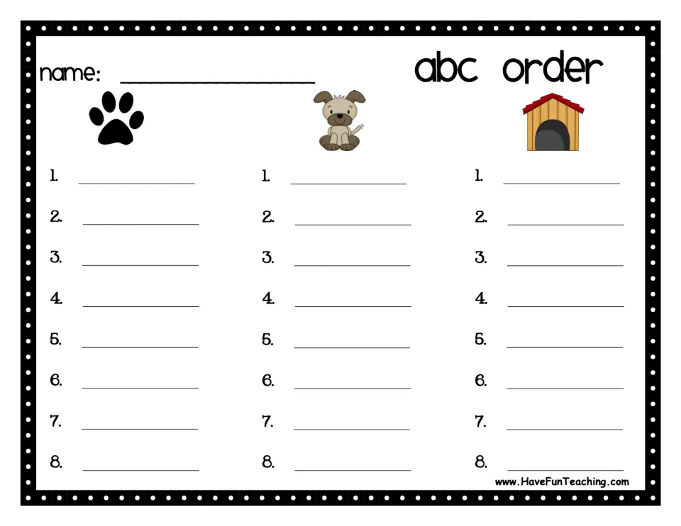 ABC order recording sheet: students write the paw print, puppy and doghouse words in alphabetical order, eight per set