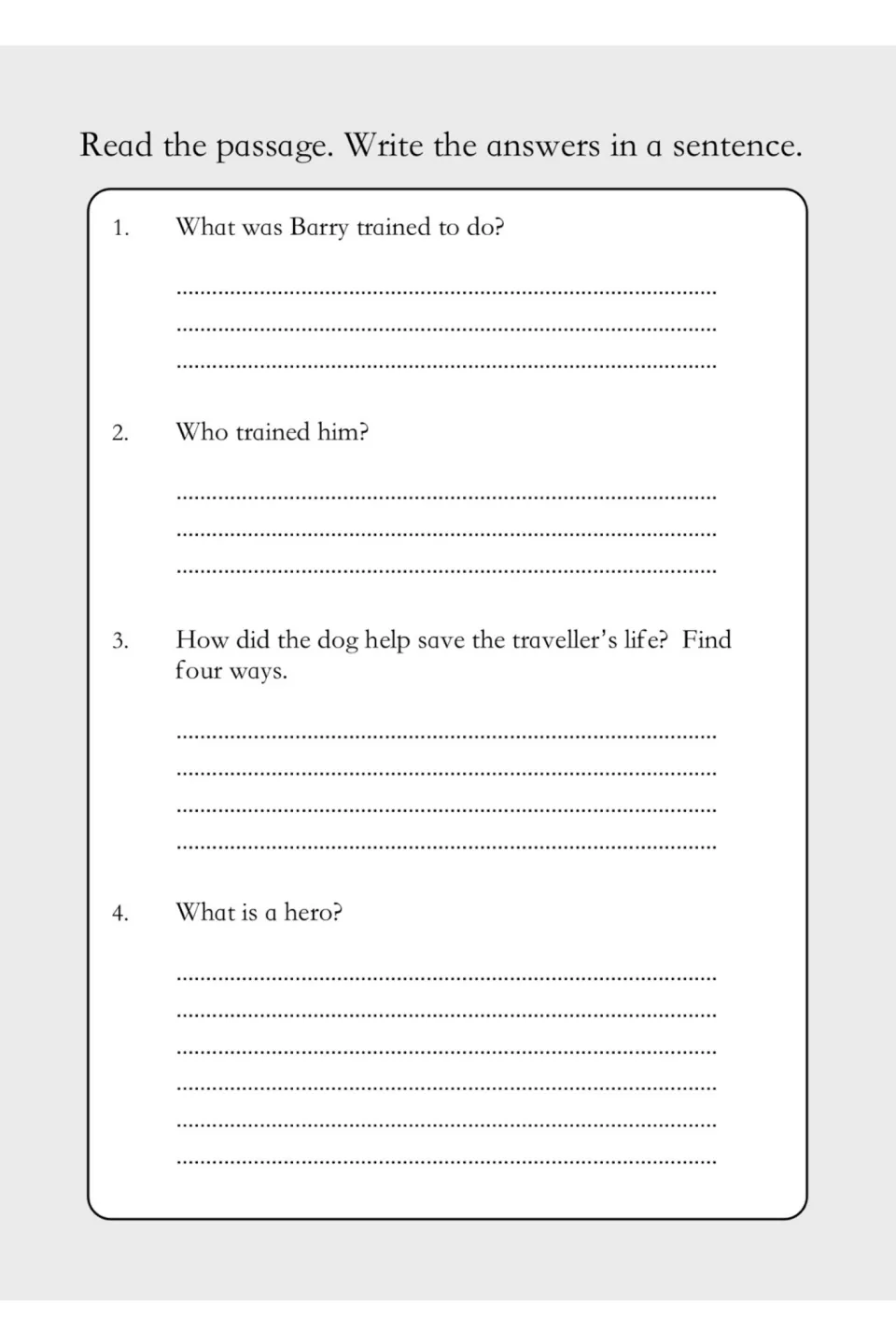 Questions 1-4 on Barry the rescue dog: students retrieve facts in full sentences, with four ways he saved the traveller