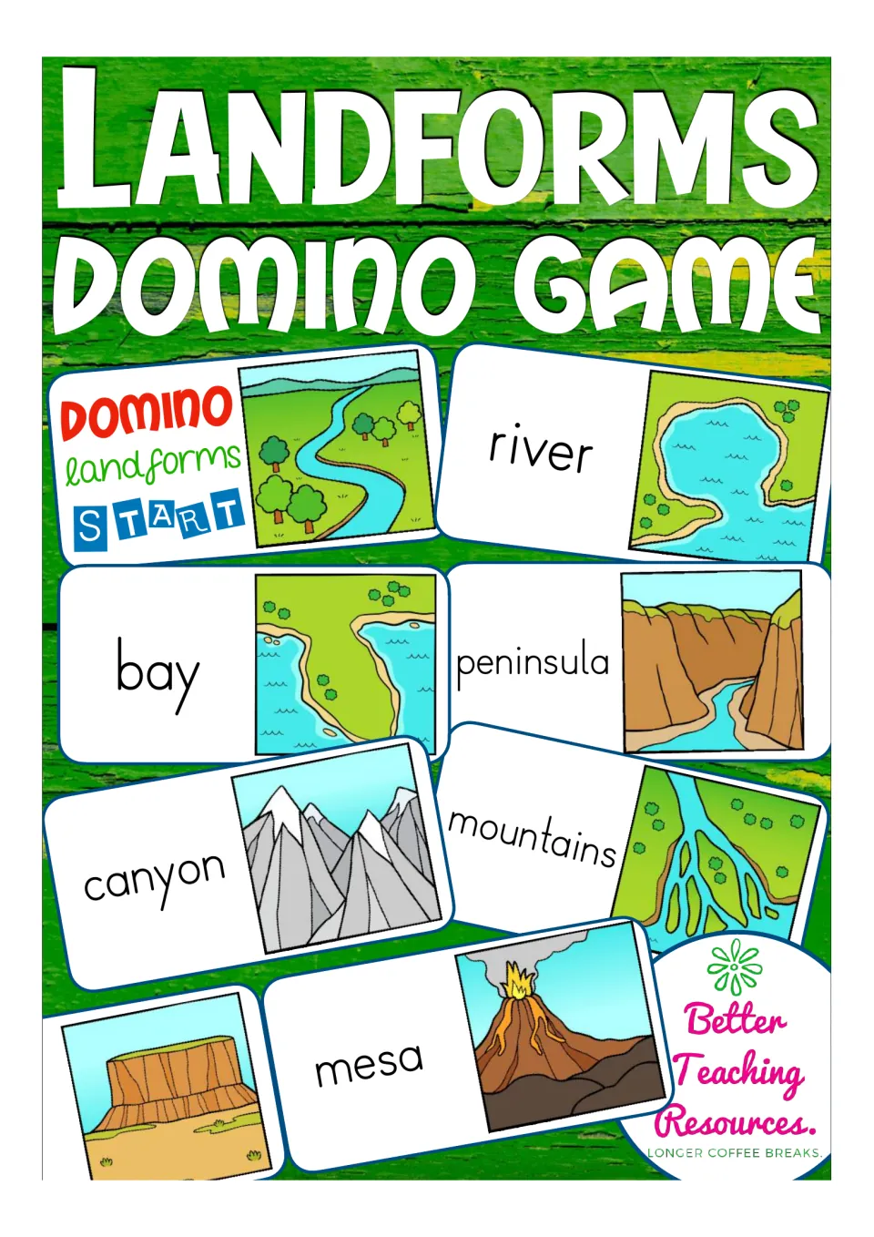 Landforms Domino Game cover showing picture cards for river, bay, peninsula, canyon, mountains and mesa with a START card