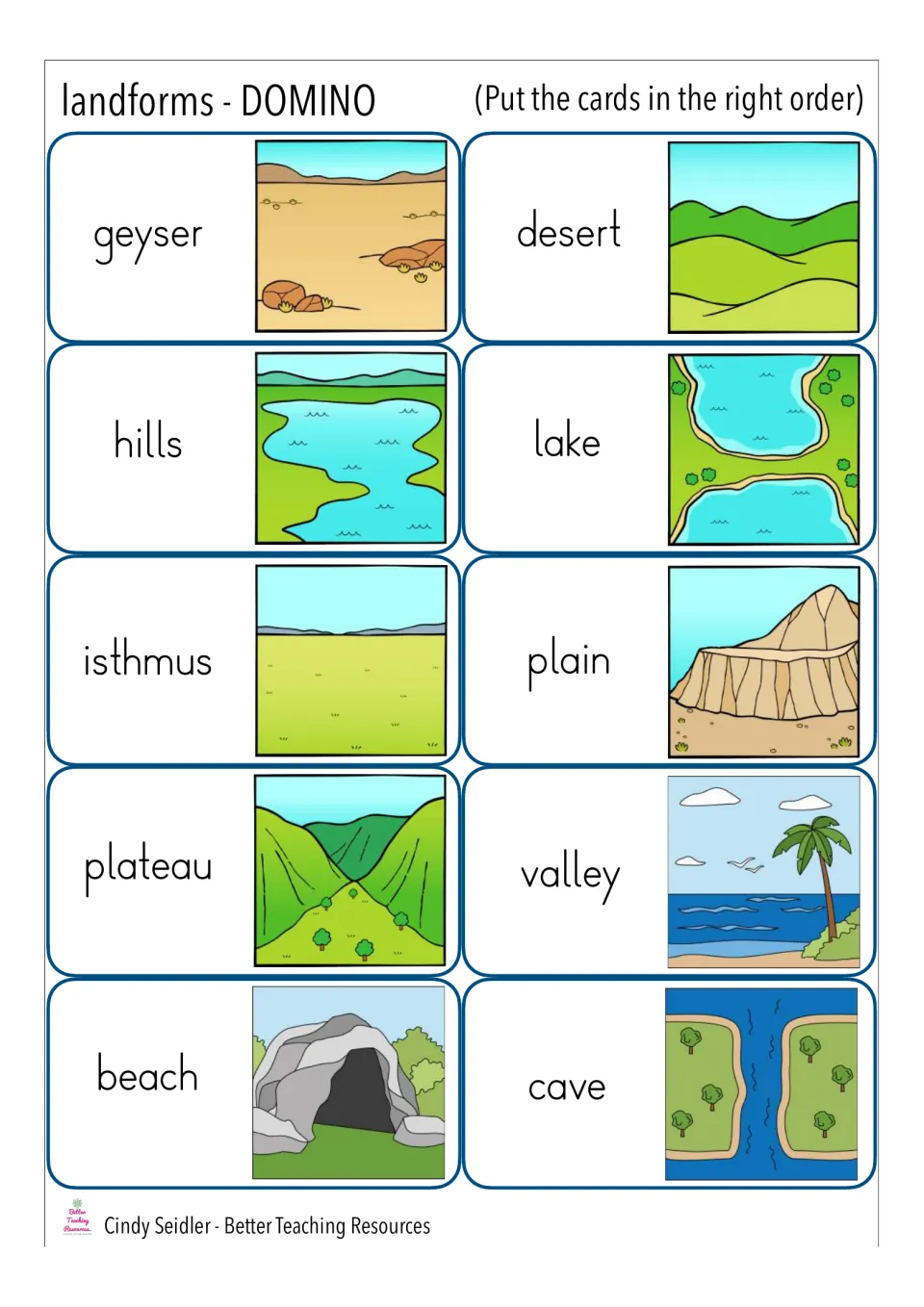 Landform domino cards 2: students match words geyser, desert, hills, lake, isthmus, plain, plateau, valley, beach, cave