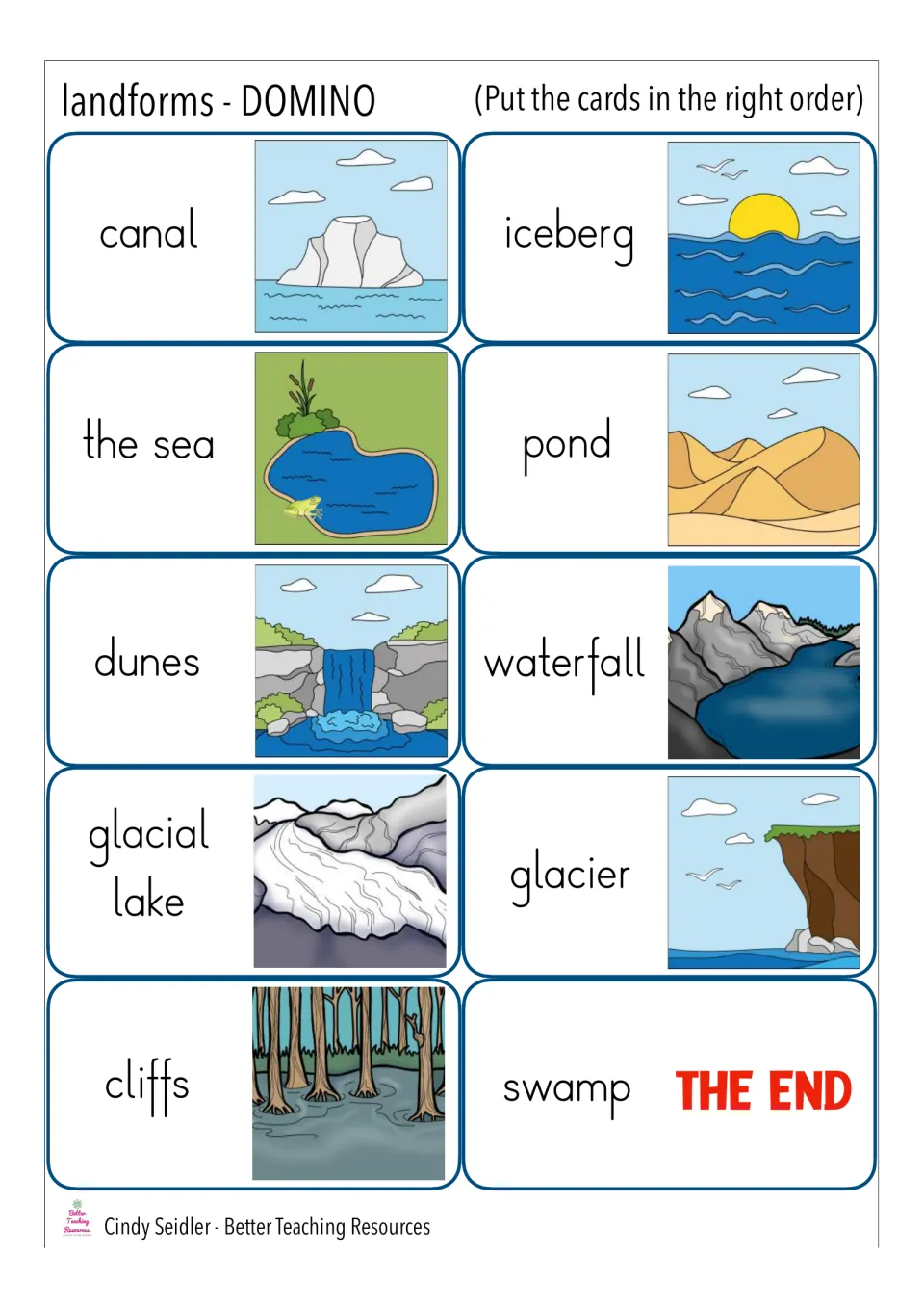 Landform domino cards 3: match canal, iceberg, sea, pond, dunes, waterfall, glacial lake, glacier, cliffs, swamp