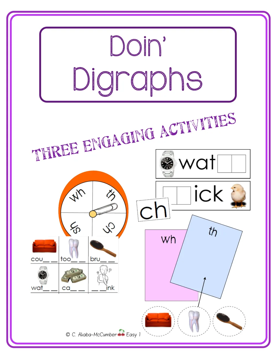 Doin' Digraphs Practice Activities cover showing a digraph spinner, word blanks, and picture sorting mats