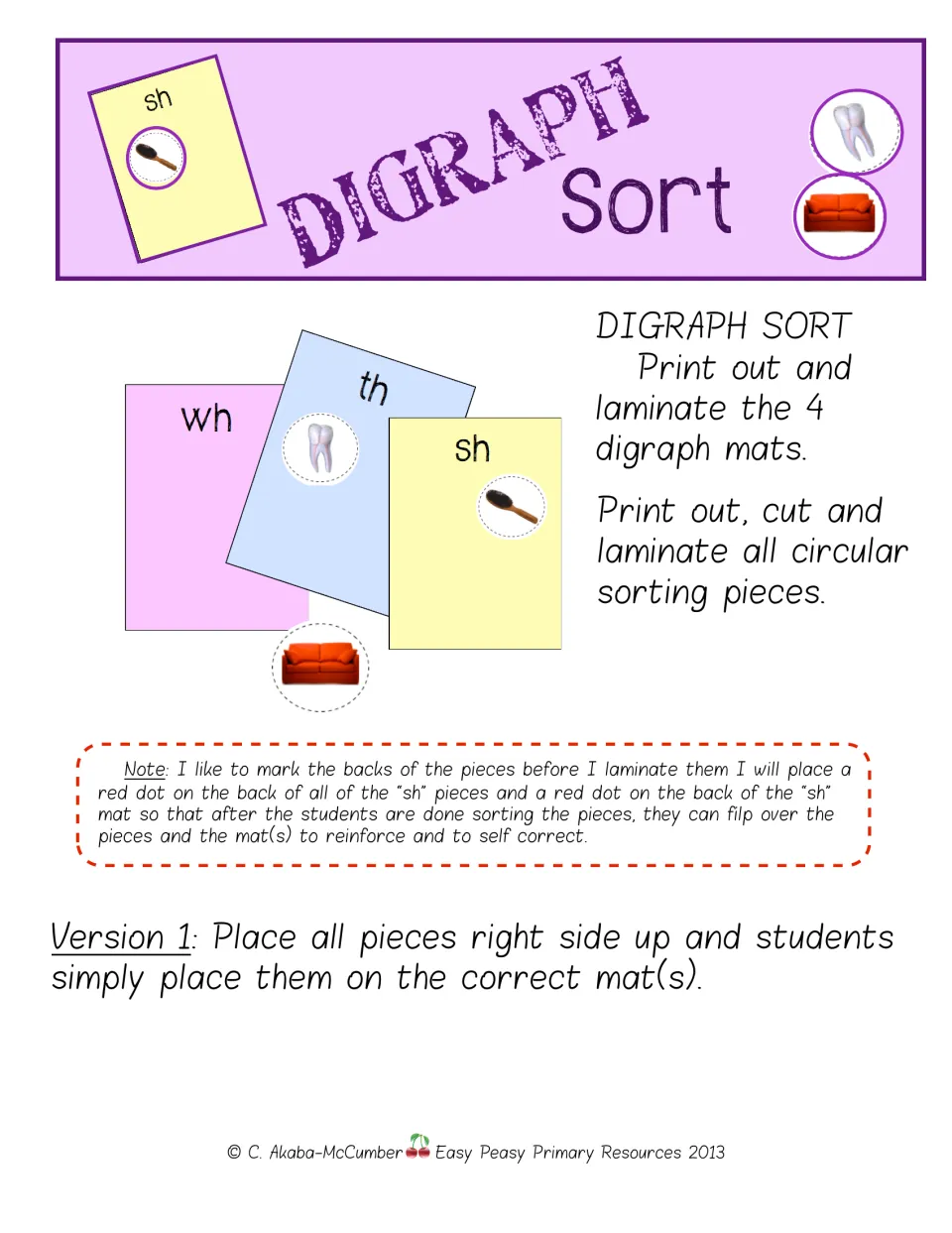 Digraph sort instructions for preparing four mats and picture pieces, marking answers, and playing version 1