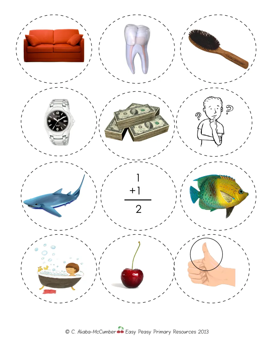 Digraph sorting pieces 1–12: couch, tooth, brush, watch, cash, think, shark, math, fish, bath, cherry, thumb