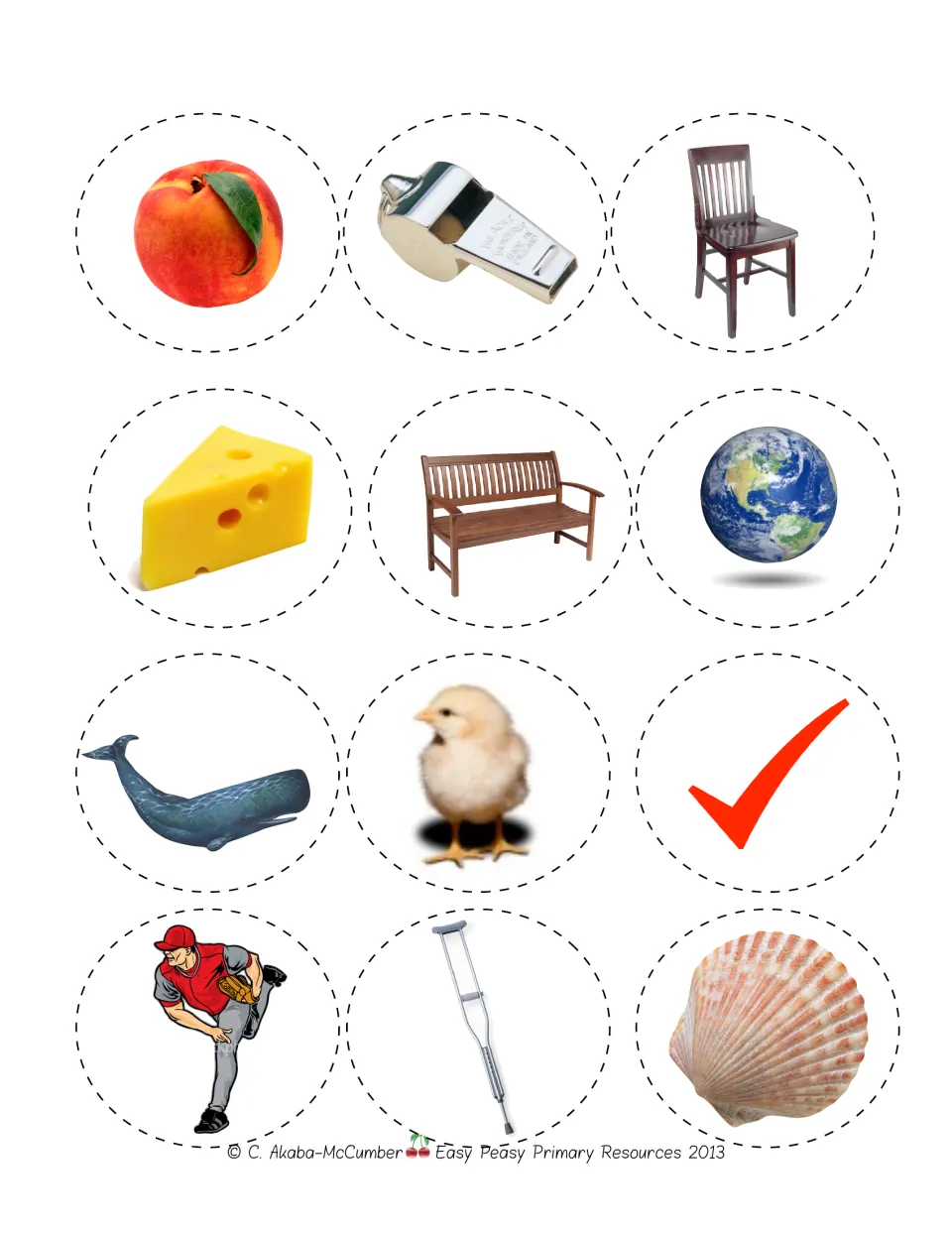 Digraph sorting pieces 13–24: peach, whistle, chair, cheese, bench, Earth, whale, chick, and four more