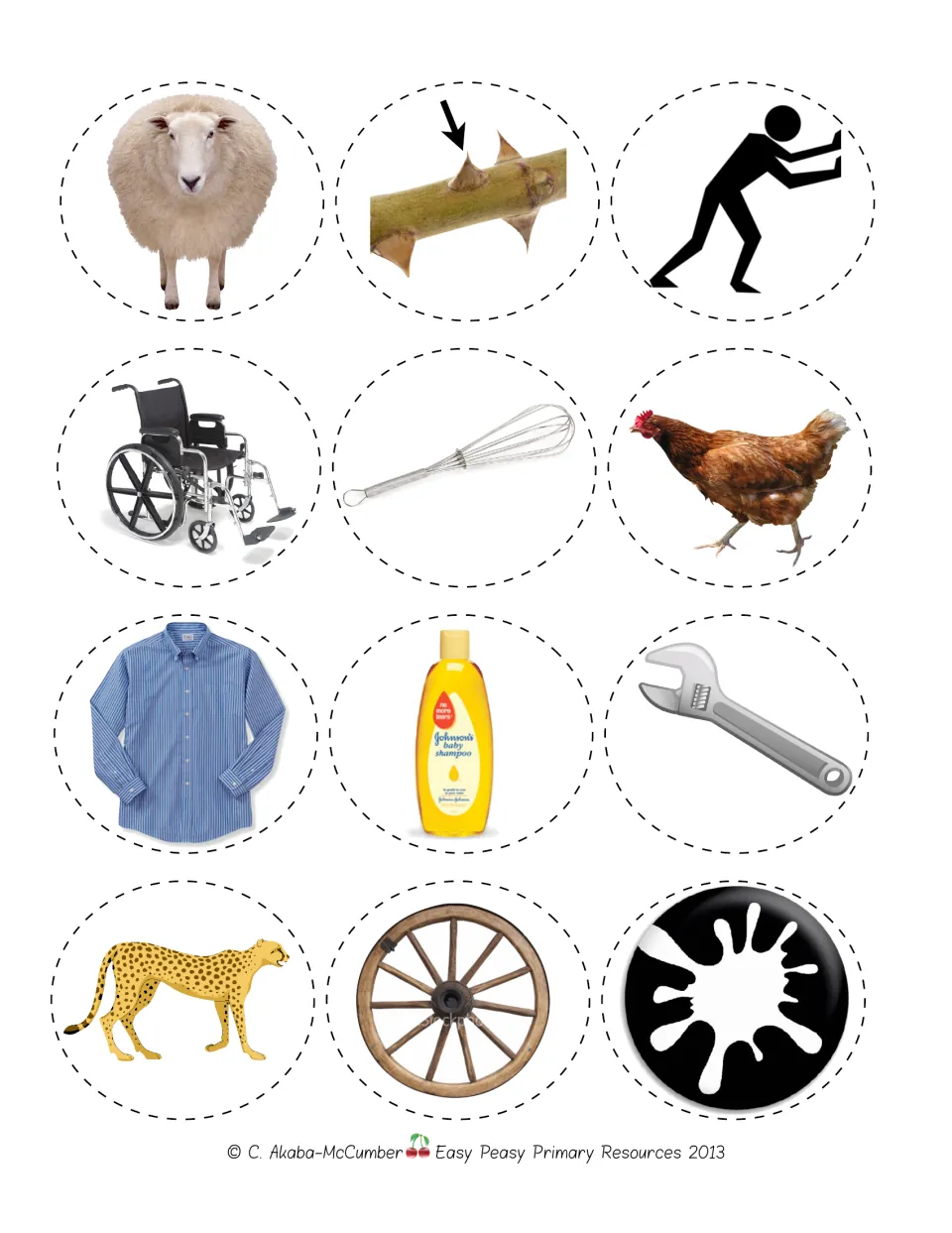 Digraph sorting pieces 25–36: sheep, thorn, push, wheelchair, whisk, chicken, shirt, shampoo, and four more