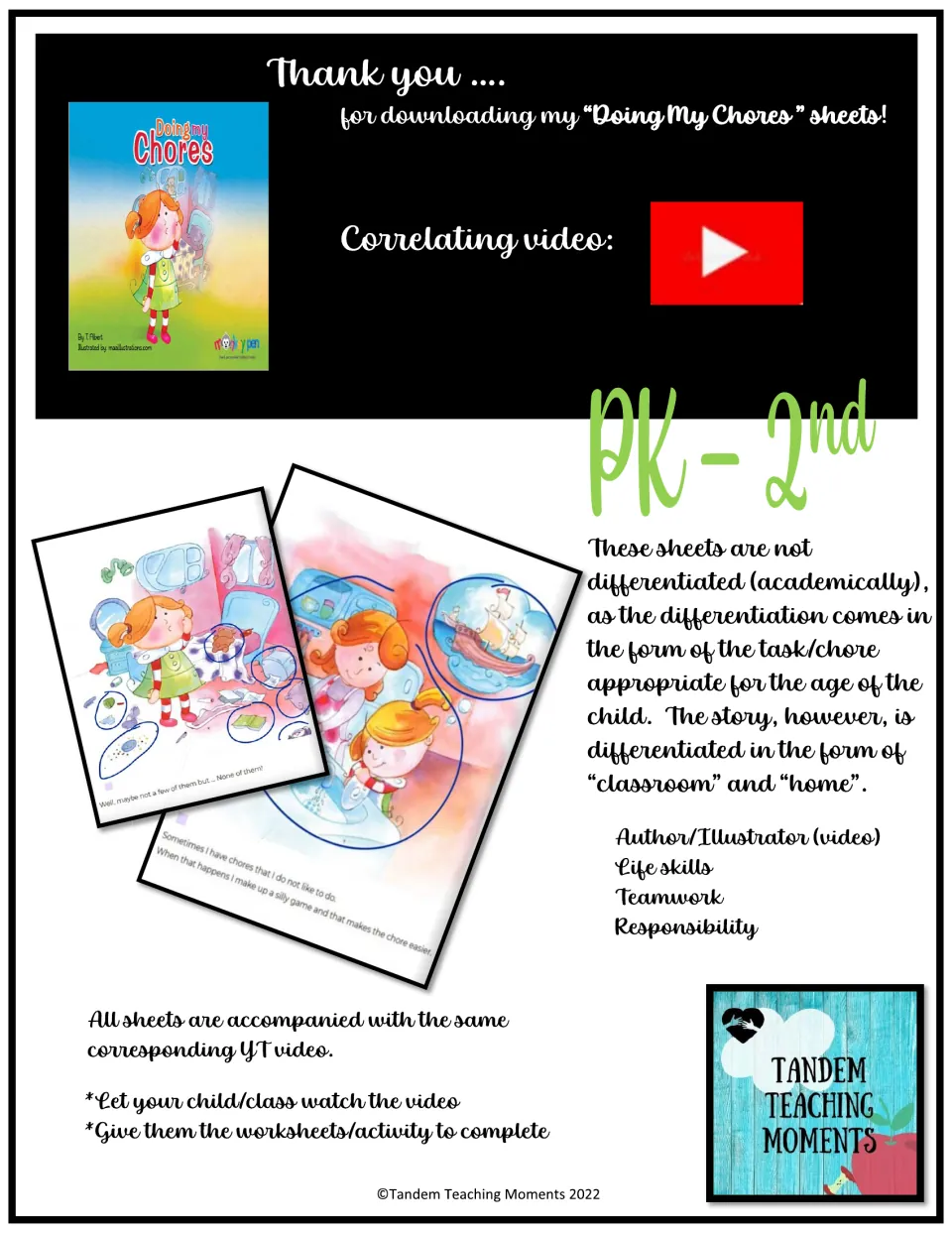 Chores sheets intro: thank-you note with the storybook cover, a video link, PK-2nd label and steps to watch then complete