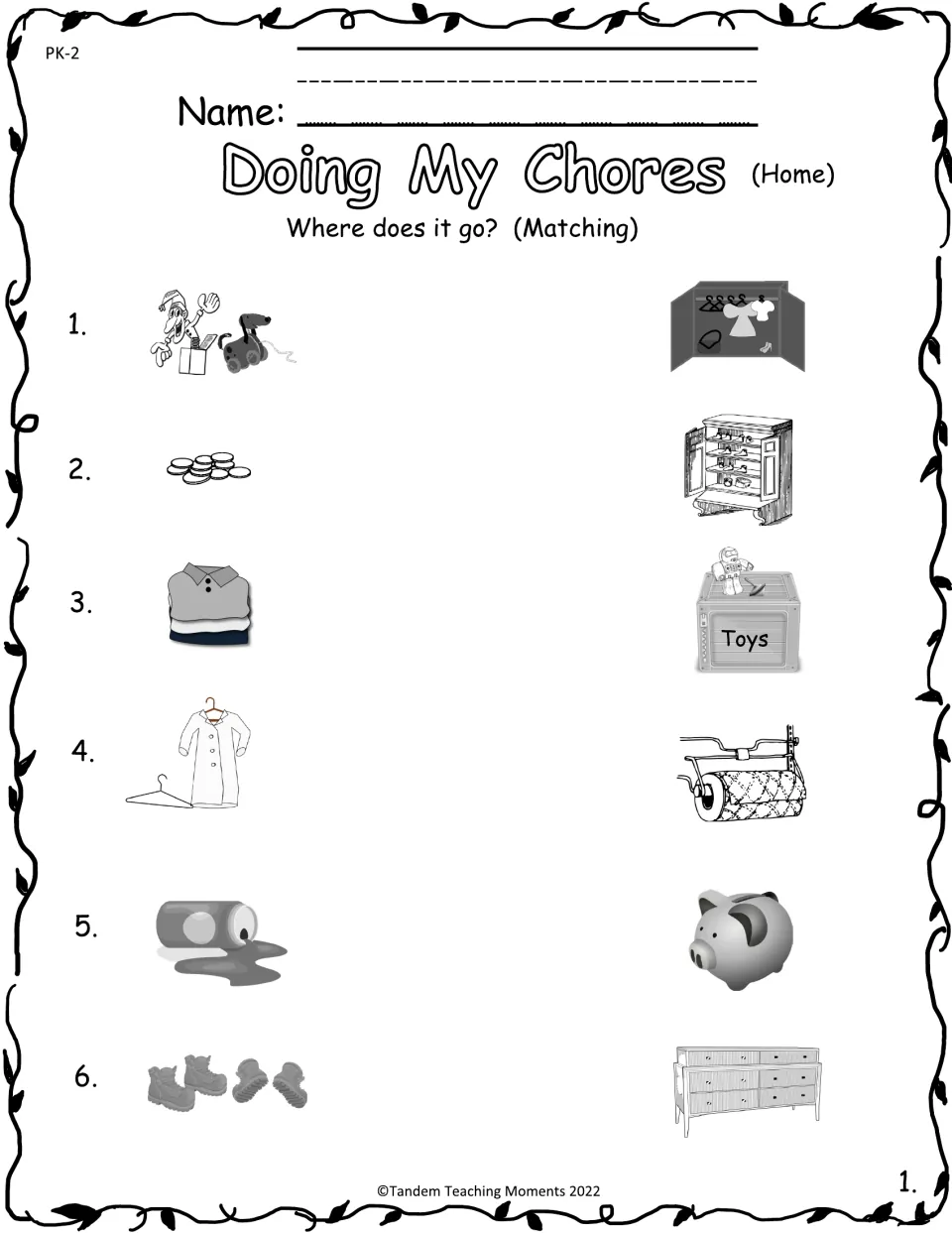 Home chores matching: students draw lines from toys, coins, shirts, a coat, a spill and boots to where each belongs
