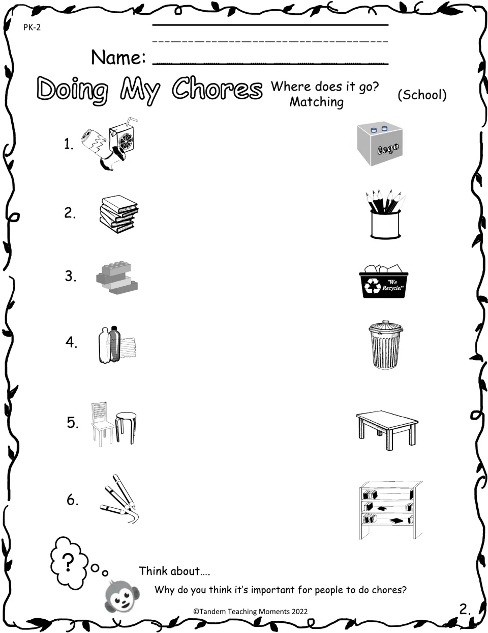 School cleanup matching: students link trash, books, blocks, bottles, chairs and pencils to where each goes, then reflect