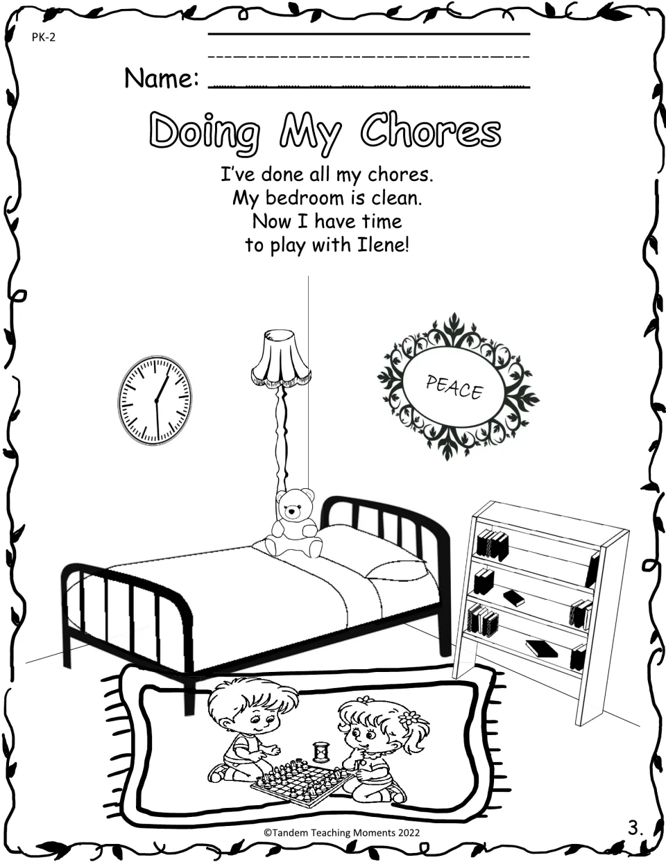 Rhyme about a clean bedroom and time to play with Ilene, with a coloring picture of two children playing chess on a rug