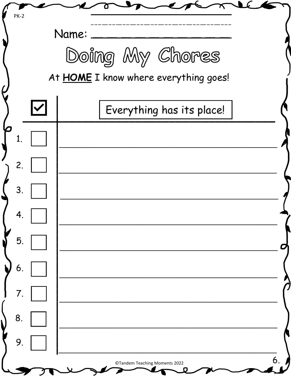 Everything has its place: students list nine things they know where to put at home and tick a box beside each one
