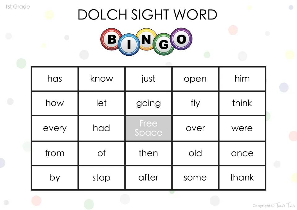 Dolch first grade sight word bingo card: students find and mark called words like has, know, just, open, him and think