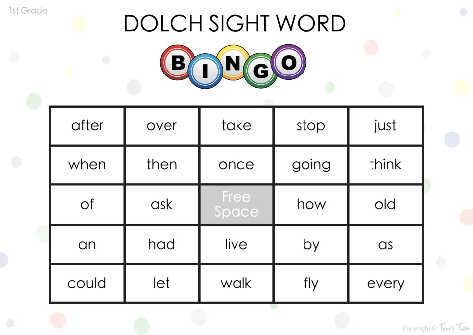 Sight word bingo card around a center free space: players cover called words such as after, over, take, stop and just
