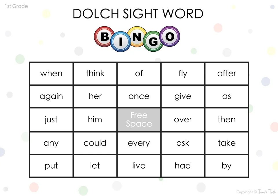 Bingo card for reading Dolch words: students mark when, think, of, fly, after, again and her as each word is called