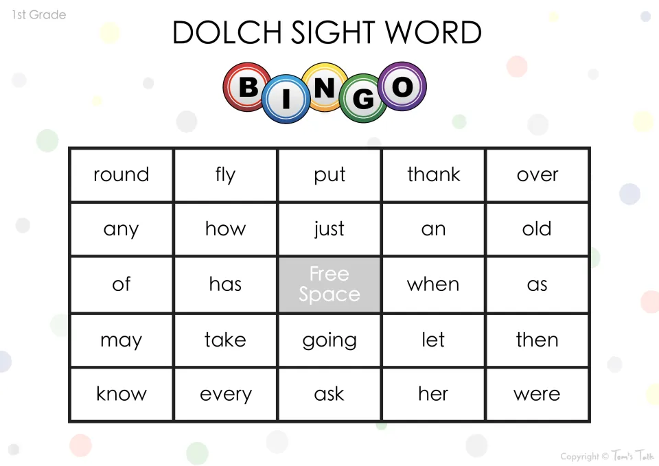 Dolch word bingo board: students listen for and cover round, fly, put, thank, over and 19 more first grade sight words