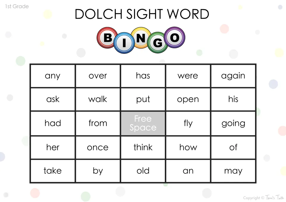 Sight word recognition bingo: players listen and cover words like any, over, has, were, again, ask, walk and his