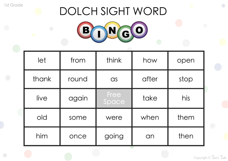 Dolch bingo card for word recognition: students mark let, from, think, how, open, thank and round as they hear them