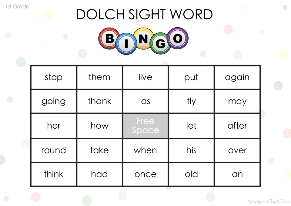 Listening and reading bingo card: cover stop, them, live, put, again, going and thank to complete a line of five