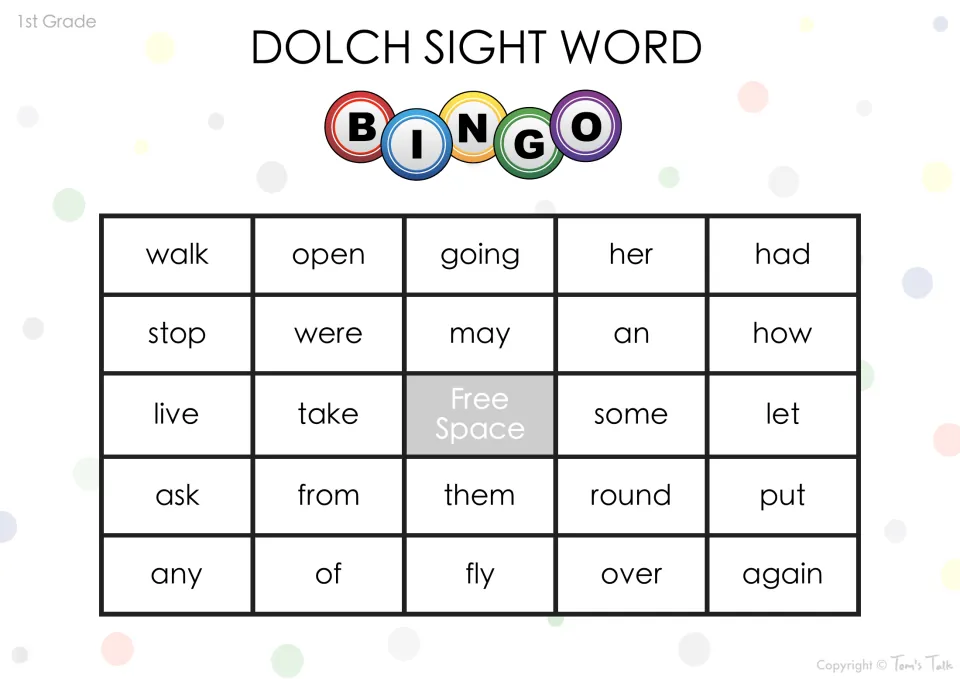Dolch sight word bingo board: students match called words such as walk, open, going, her, had, stop and were