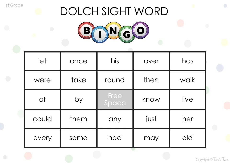 Sight word bingo card: students spot and mark let, once, his, over, has, were, take and round as each is read aloud