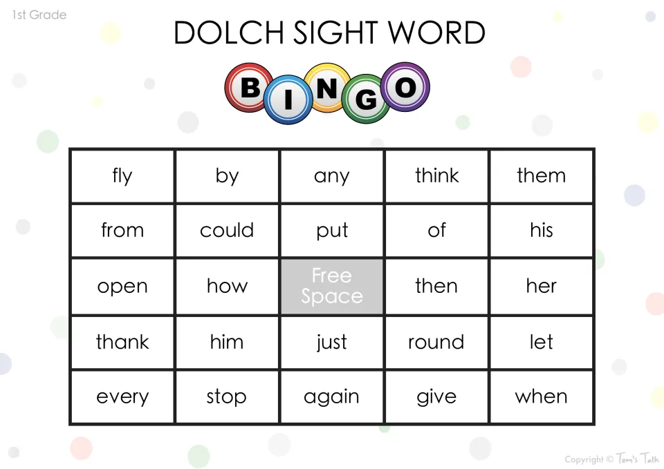 Dolch first grade bingo card: students cover fly, by, any, think, them, from, could and put, aiming for five in a row