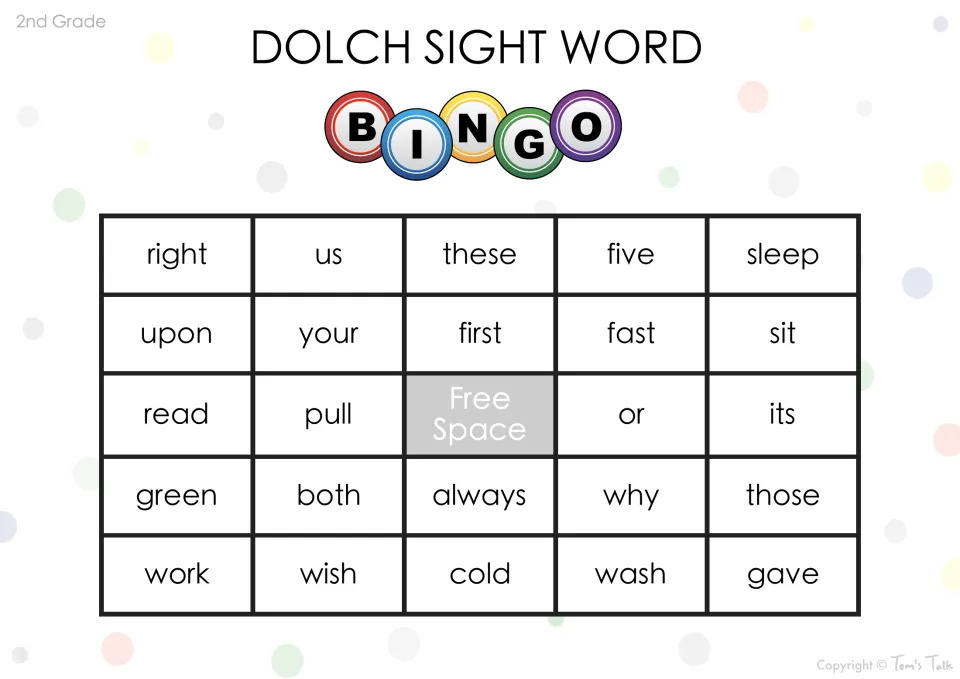 2nd grade Dolch sight word bingo card: students mark words such as right, upon, green and work around a free space