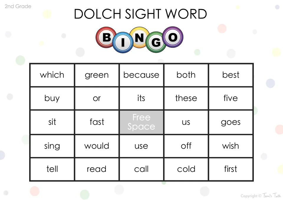 Dolch bingo card with 2nd grade sight words: players listen and cover which, because, buy, would, tell and call