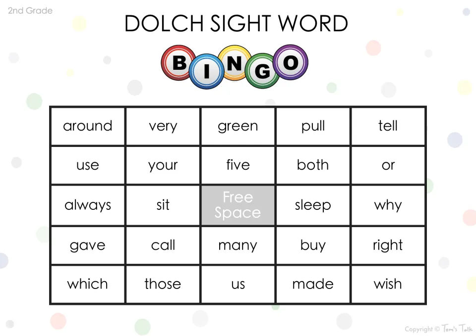 Dolch word bingo board for reading practice: around, very, use, always, gave, many and those surround a free space