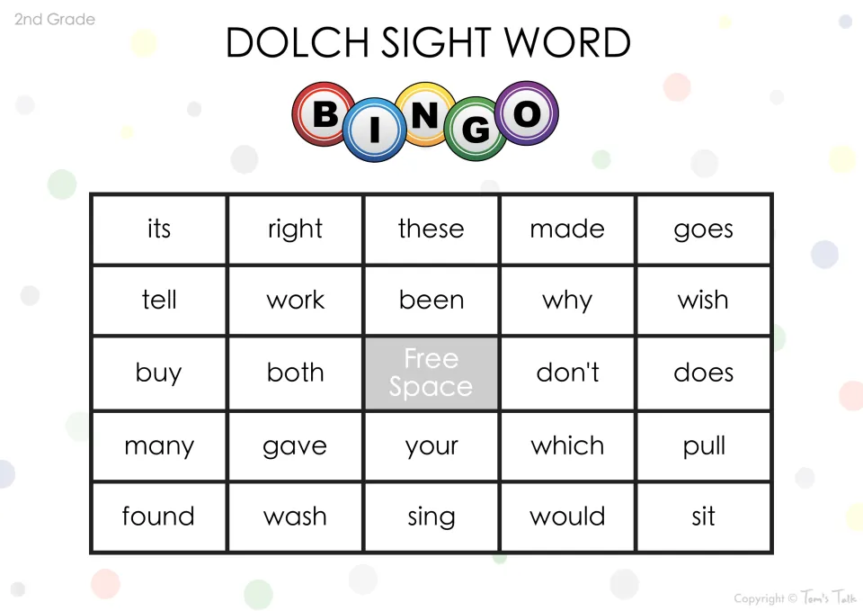 2nd grade sight word bingo: players spot words like its, goes, been, does, found and would as each word is read aloud