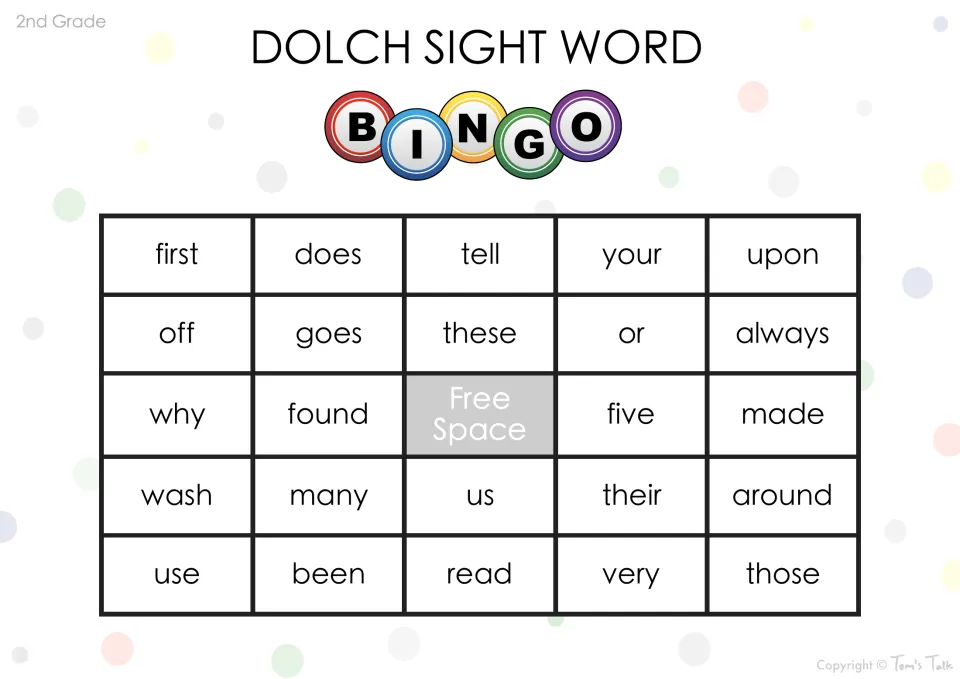 Bingo card of Dolch words for word recognition: first, does, upon, found, their, around and very are marked when called