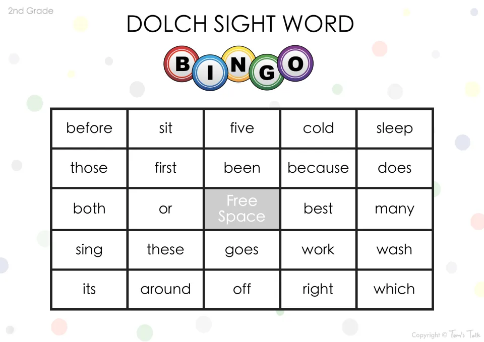 Dolch sight word game card: students cover before, because, best, many, sing and which when the caller reads each word