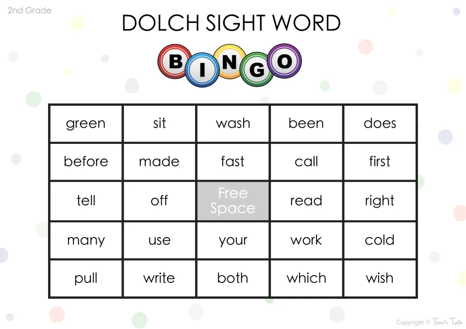 Second grade Dolch bingo card: listen for green, wash, before, call, right, cold and write, then cover a matching word