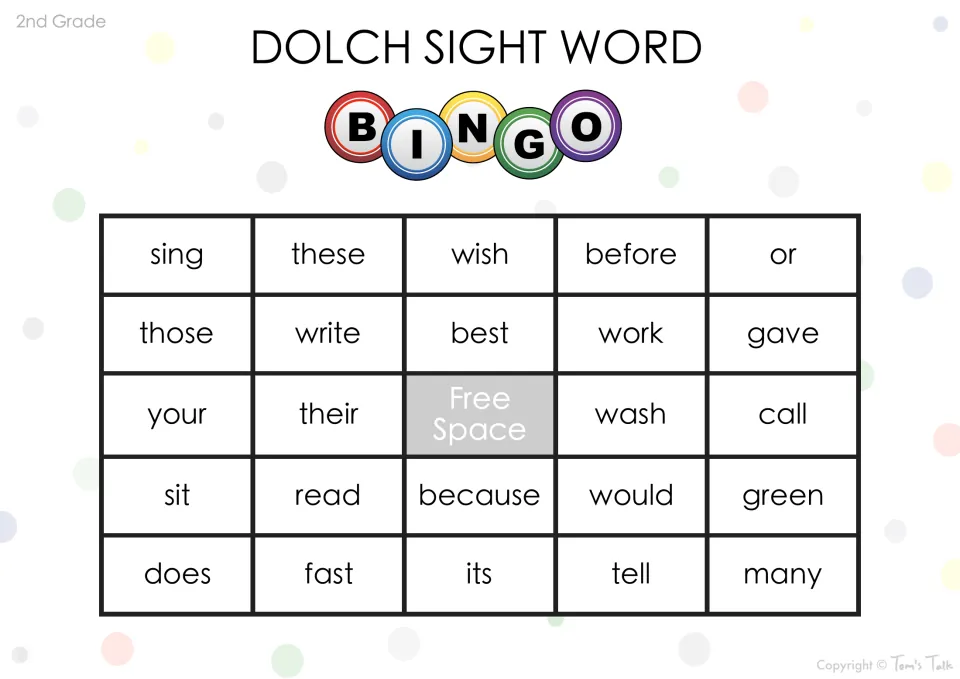 Dolch bingo card for recognizing sight words: sing, wish, write, their, because, would and many are covered when heard