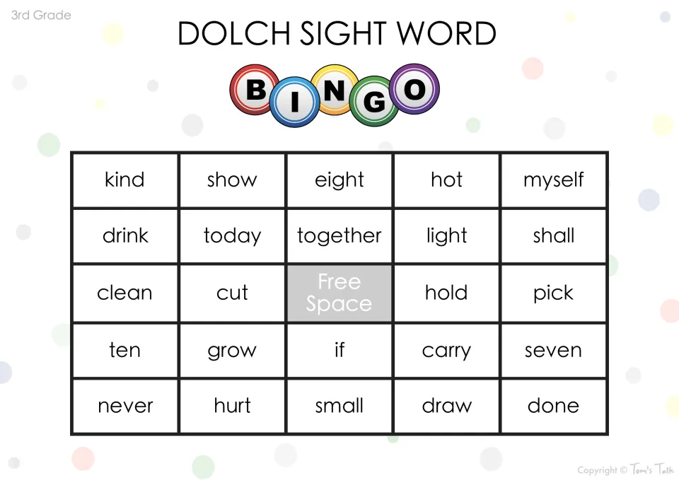 Dolch sight word bingo card: students read and cover 24 words such as kind, show, eight, hot and myself, plus a free space