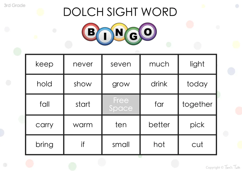 Sight word bingo card: students find called words on a 5-by-5 card starting keep, never, seven, much and light