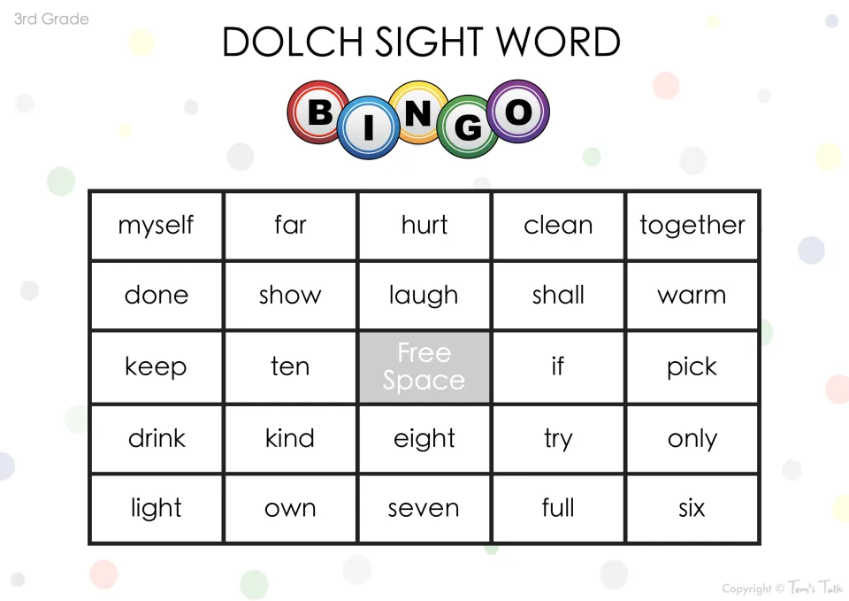 Bingo card for word recognition: students mark myself, far, hurt, clean, together and other Dolch words as they are read