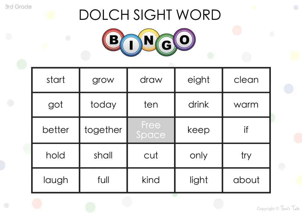 Dolch bingo card: students listen for start, grow, draw, eight, clean and more sight words, covering each one they hear
