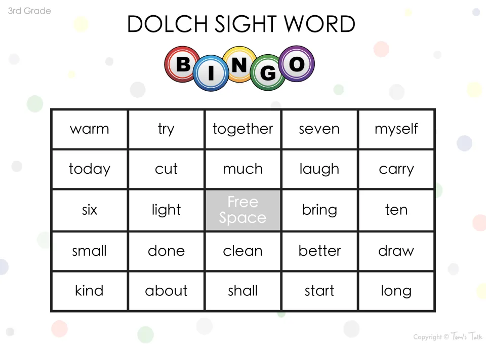 Sight word bingo card: students spot warm, try, together, seven, myself and 19 more words around a free space