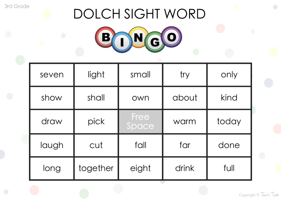 Bingo card for reading Dolch words: students cover seven, light, small, try, only and other words as the caller reads